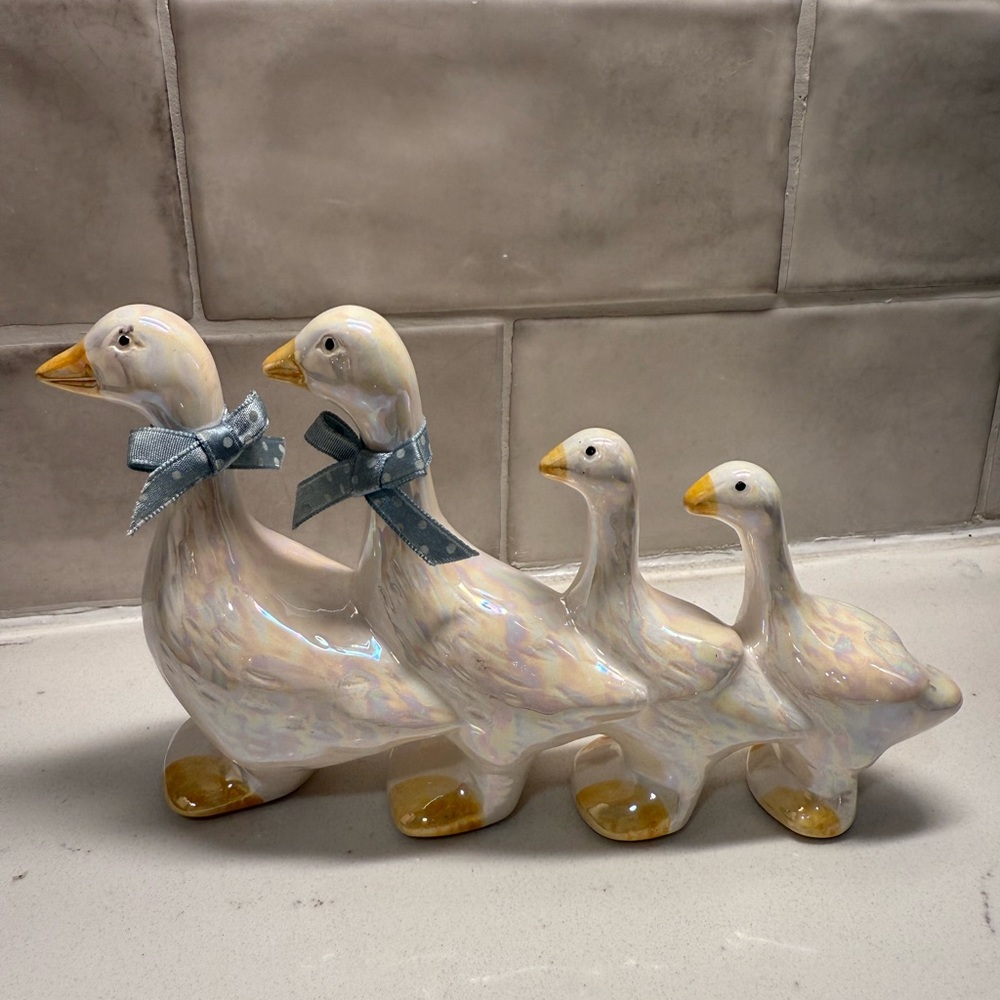 Ceramic Goose Family Figurine with Blue Accents